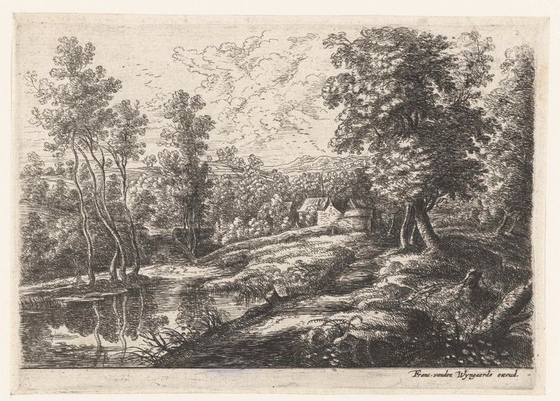 Landschap met huizen en een kerk omring door een muur, grabado de Lucas van Uden