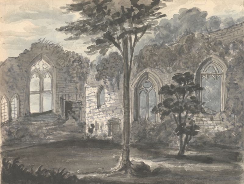 Abbey at Birkenhead 1830 by Anne Rushout, oil on canvas, depicting a tranquil landscape with an abbey.