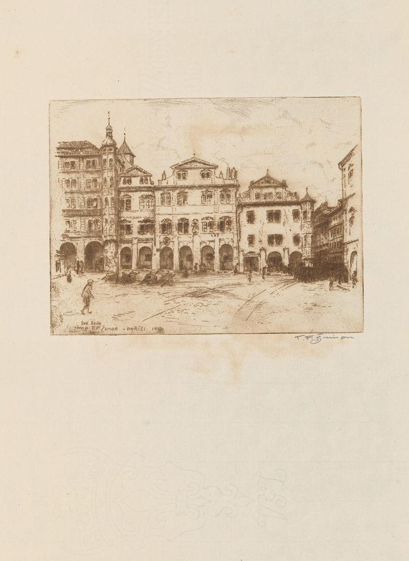 A Radecký Square scene, óleo sobre tela de Tavík František Šimon, retratando uma multidão animada e arquitetura.