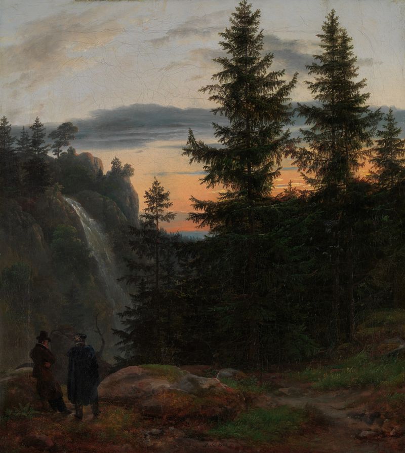 Dois Homens diante de uma Cachoeira ao Pôr do Sol, pintura a óleo de Johan Christian Dahl