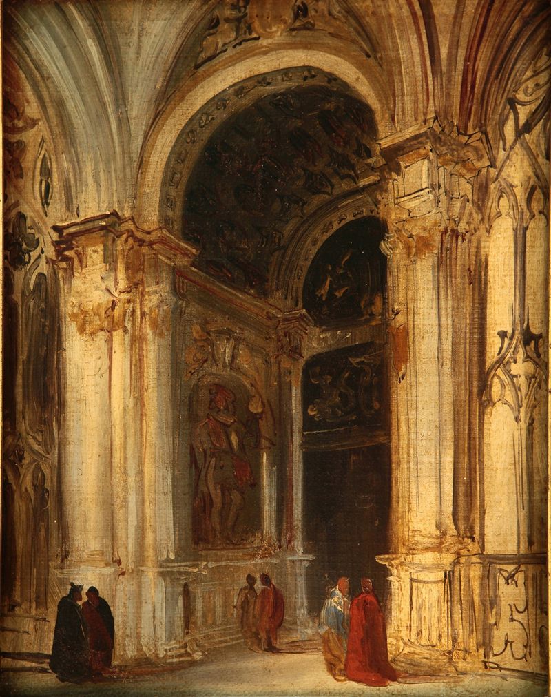 Interior de iglesia by Genaro Pérez Villaamil, oil painting depicting church architecture with golden light.