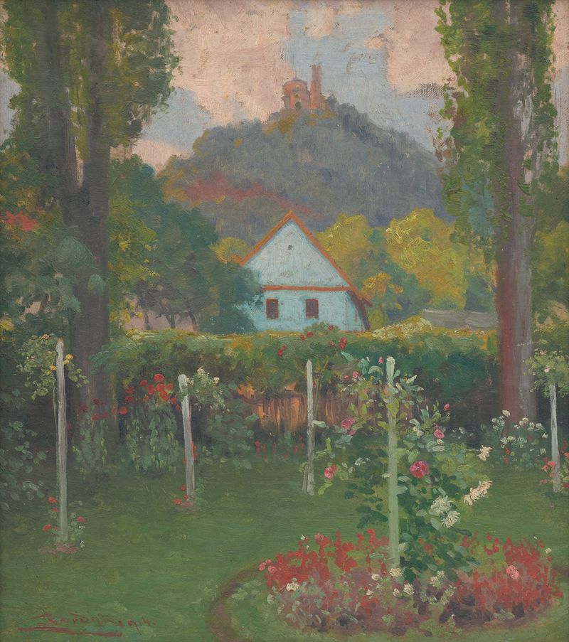 Paisagem com um castelo banhado em luz dourada, pintura a óleo de Ľudovít Čordák