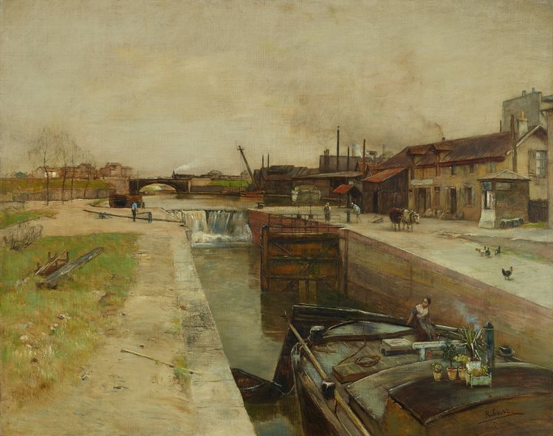 Landscape with a canal and water reflections by Rudolf Ribarz, oil painting