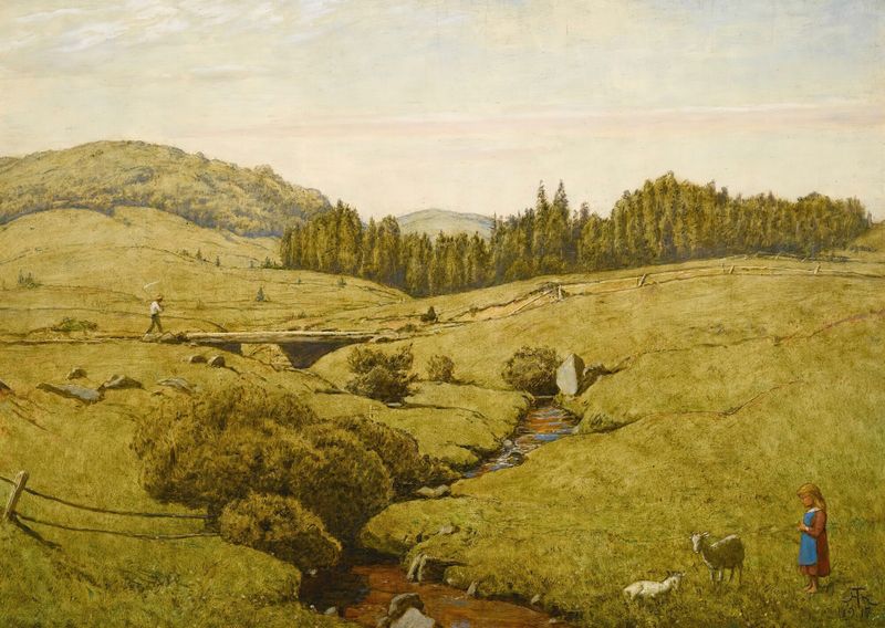 Black Forest Landscape de Hans Thoma, óleo sobre lienzo que representa árboles verdes y un bosque.