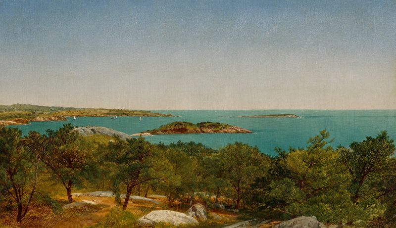 Contentment Island de John Frederick Kensett, óleo sobre lienzo, presenta colinas suaves y agua tranquila.