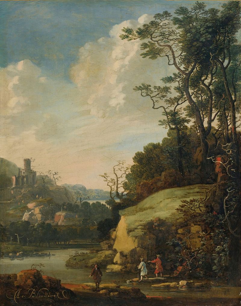 Hilly landscape with figures by a river, oil on canvas by Abraham Bloemaert