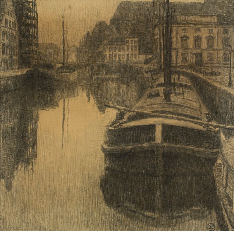 Evening in Ghent by Albert Baertsoen, oil painting depicting a tranquil canal at twilight.
