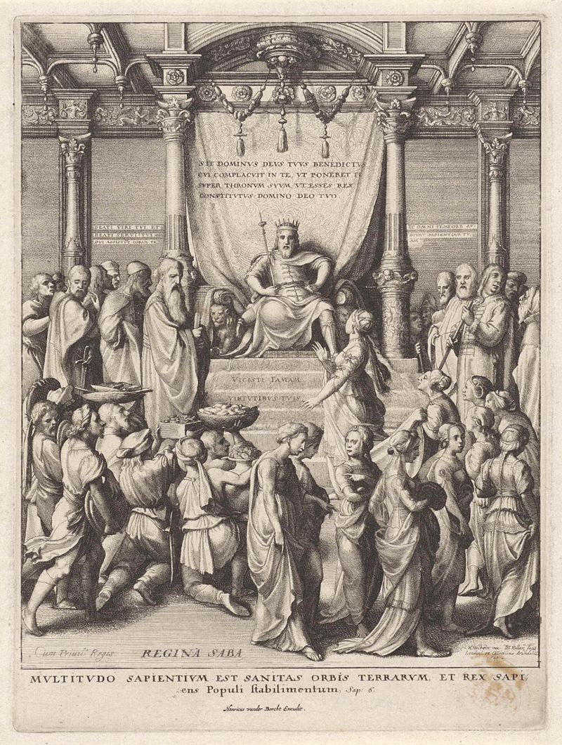 Salomon ontvangt de koningin van Sheba, gravura de Wenceslaus Hollar, representando um encontro real com detalhes intrinca...