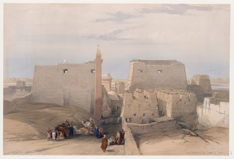 Grand entrance to the Temple of Luxor by David Roberts, depicting ancient columns and hieroglyphics, oil painting.