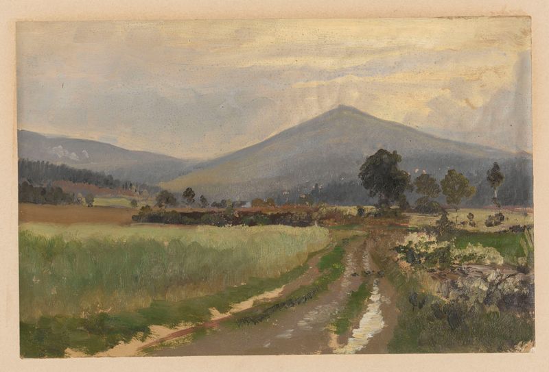 Road in Zlate Hory com Mount Biskupia Kopa, óleo sobre tela de Adolf Dressler
