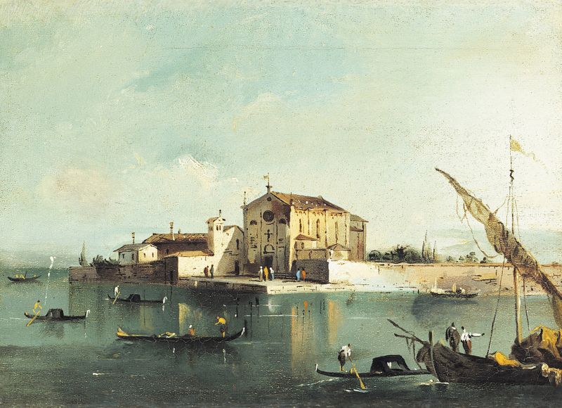Cena marinha rococó de Giacomo Guardi, retratando uma paisagem veneziana serena.
