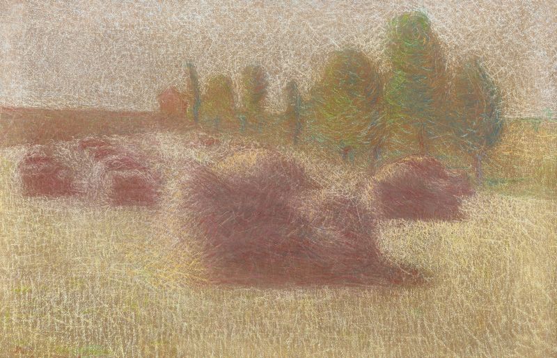 Les Gerbes by Achille Laugé, depicting vibrant flowers in an oil painting