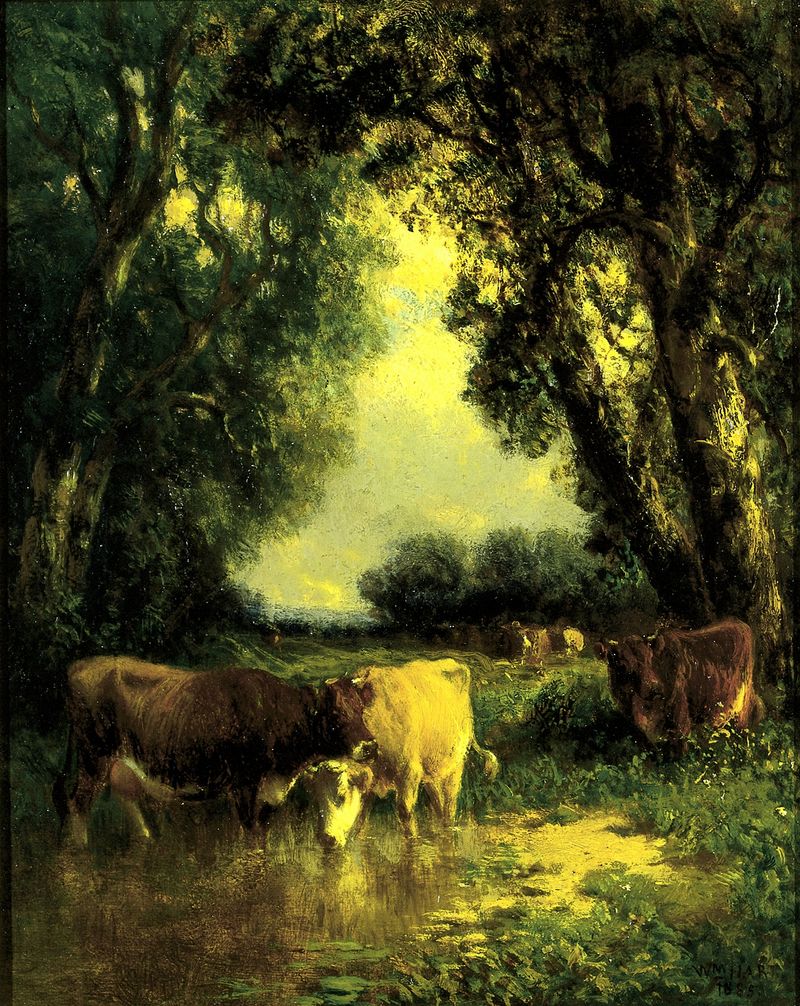 Landscape oil painting by William M. Hart depicting a serene nook with shadows and light.