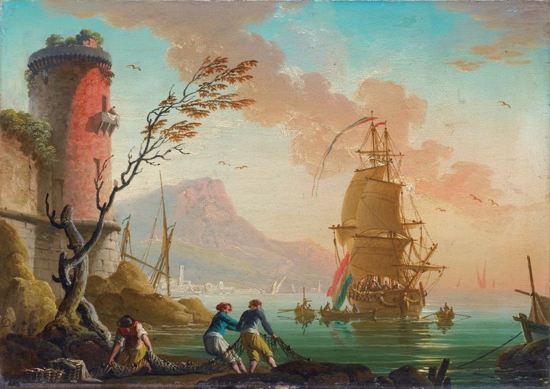 Fishing Scene In A Harbor, oil painting by Charles-François Grenier De Lacroix, featuring a small boat in a tranquil harbor.
