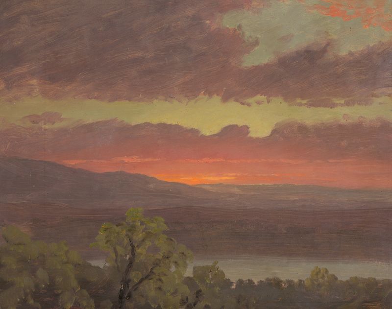 Sunset in Jamaica, West Indies de Frederic Edwin Church, óleo sobre tela, retratando um vibrante pôr do sol tropical.
