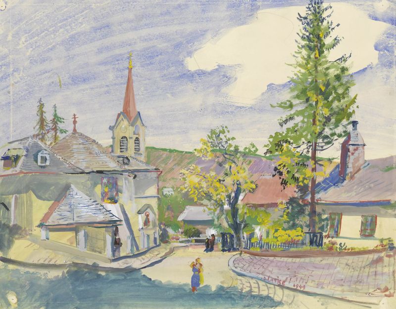 Pintura de paisagem a óleo de Oskar Laske com montanhas distantes e um céu pastel.