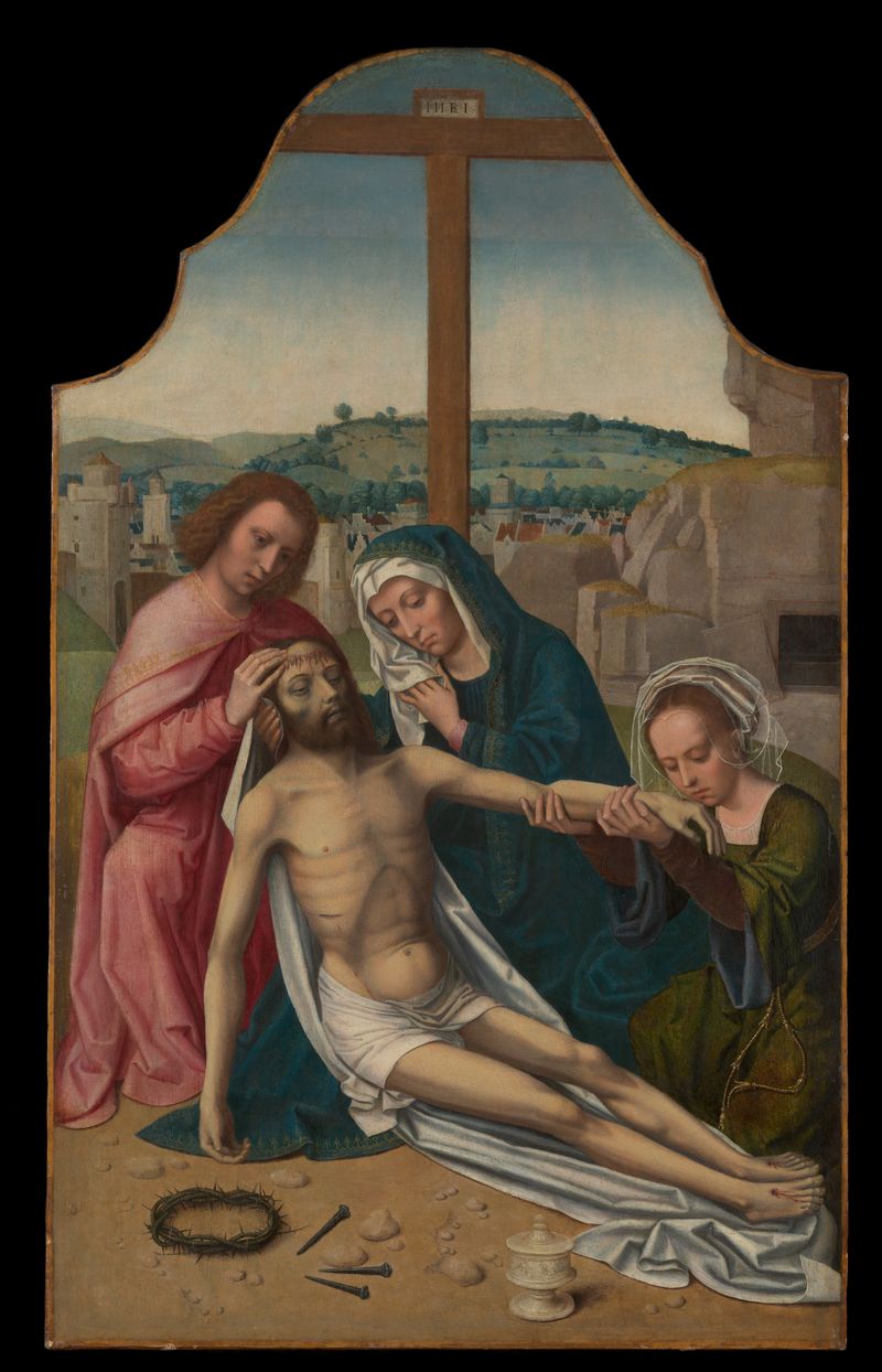 A Lamentação de Ambrosius Benson, óleo sobre tela, retratando figuras em luto e contemplação.
