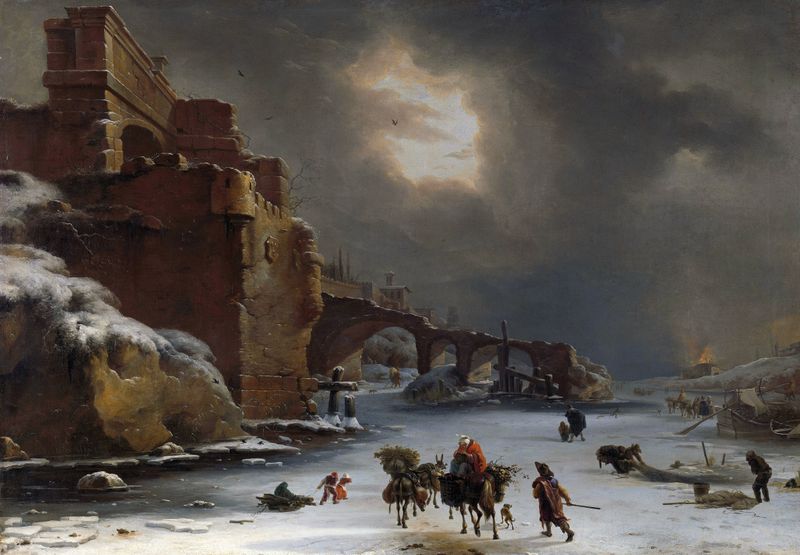 Winter landscape with snow covering cobblestones, oil on canvas by Willem Schellinks