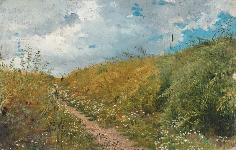 Caminho Através de um Vale de Ilya Efimovich Repin, óleo sobre tela que retrata um caminho sinuoso em uma paisagem exubera...