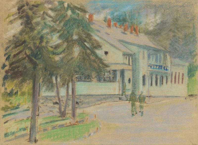 Interior scene in Barracks by Arnold Peter Weisz-Kubínčan, showcasing muted gray tones and architectural forms.