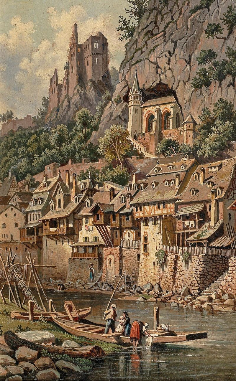 View of the Rock Church and Castle Ruins in Idar-Oberstein, oil on canvas by Hubert Sattler