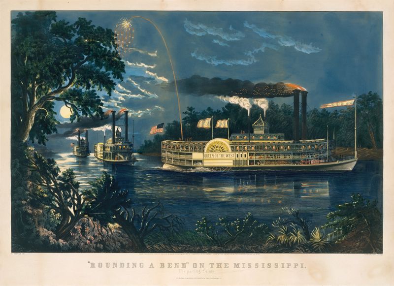 Rounding a Bend on the Mississippi lithograph by Frances Flora Bond Palmer