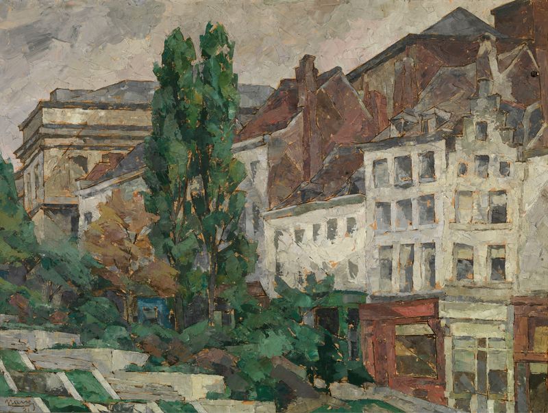 Pintura al óleo de paisaje de Arthur Navez que muestra verdes exuberantes y azules vibrantes.