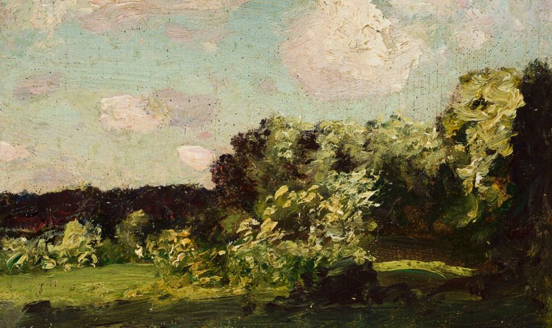 Paisaje de Nikołaj N. Dubowskoj, pintura al óleo con pinceladas texturizadas que representan un horizonte sereno.
