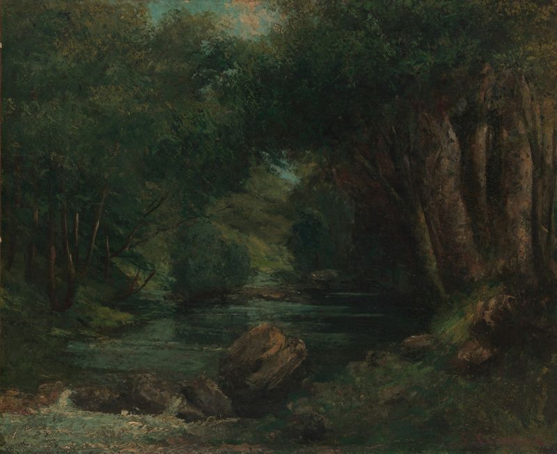 A Brook in the Forest de Gustave Courbet, óleo que muestra un paisaje sereno con un arroyo y árboles.
