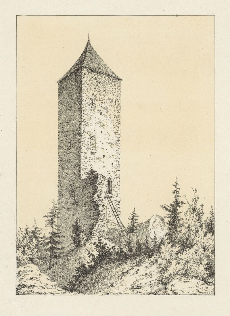 La Tour de Molière de Johann Friedrich Wagner, retratando uma grande torre contra um céu sereno, pintura a óleo