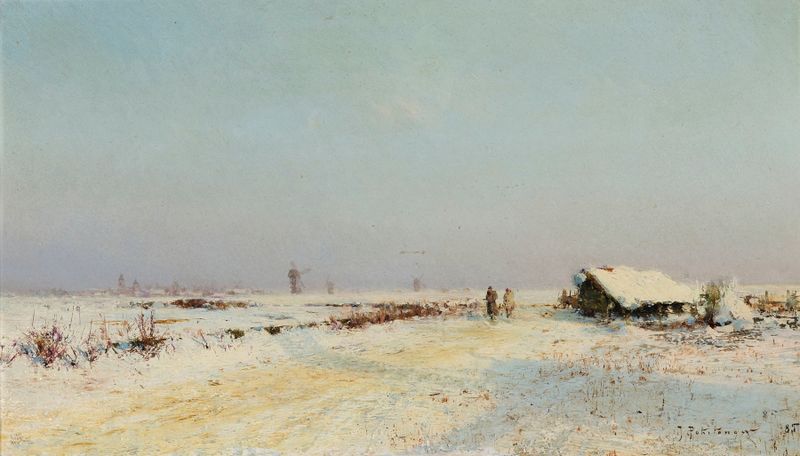 Oil painting by Ivan Pavlovich Pokhitonov depicting two hunters in the snow.