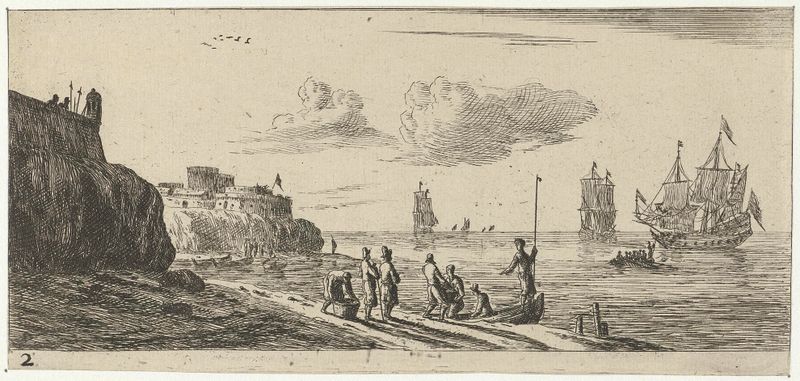 Zeegezicht met een vesting de Reinier Nooms, grabado que representa una fortaleza junto al mar