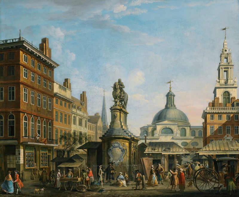 Genre scene depicting traders in a market, oil painting by Joseph Nickolls