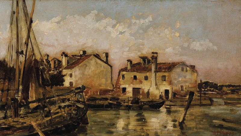 Costa da Bretanha pintura a óleo de William Preston Phelps, retratando uma paisagem tranquila com água e luz suave.