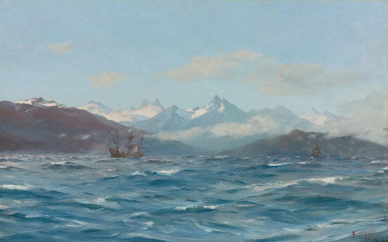 Oil painting by Thomas Jacques Somerscales of a ship sailing through shimmering waters.