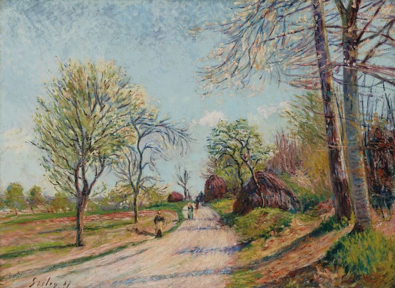 La route de Veneux, óleo sobre lienzo de Alfred Sisley, con un camino sinuoso y vegetación.