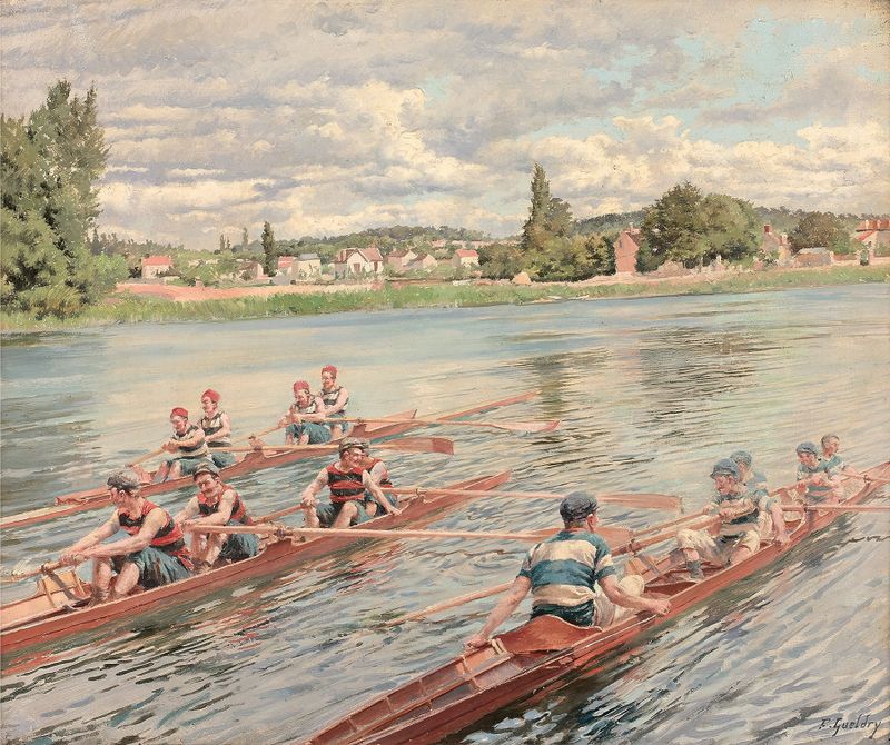 La course d’avirons de Ferdinand Gueldry, pintura al óleo impresionista que muestra remeros en el agua.