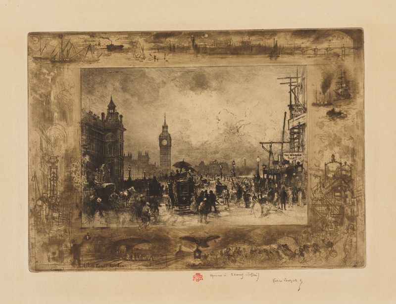 Etching of Westminster Bridge and Clock Tower by Félix Hilaire Buhot