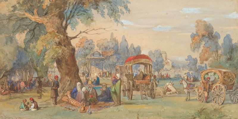 Genre scene depicting a lively celebration at the Bosphorus, oil painting by Amadeo Preziosi