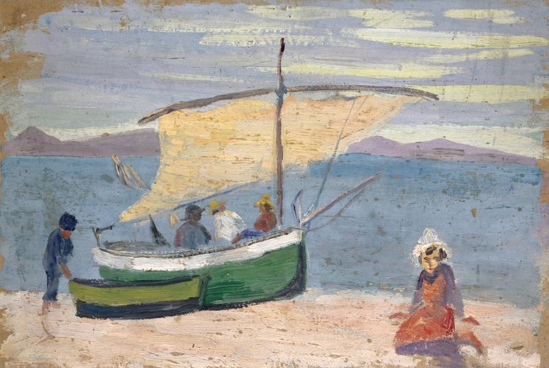 Fischerboot am Strand de Ernst Schiess, impresionismo, que muestra un bote en la playa con luz suave.
