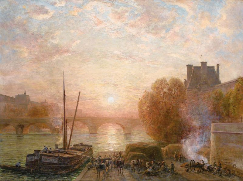 Pintura a óleo do Sena e do Louvre ao pôr do sol por Henri Zuber