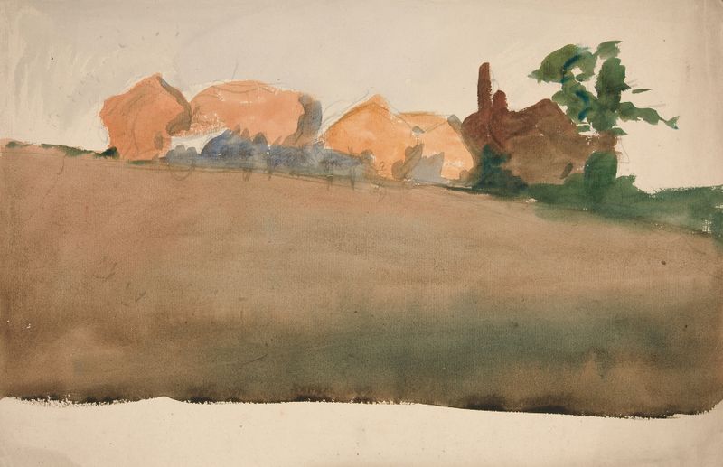 Landscape with houses in distance, oil on canvas by Edwin Austin Abbey
