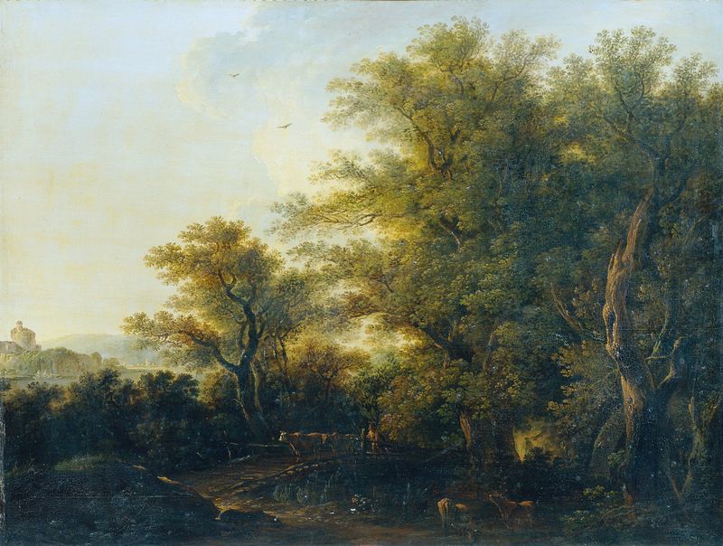 Waldausgang de Johann Josef Schindler, óleo sobre tela mostrando figuras em luz radiante.