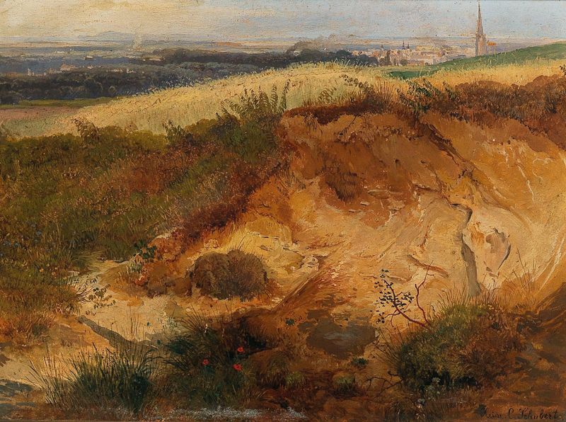 Pintura al óleo de paisaje por Heinrich Carl Schubert con colores vibrantes y naturaleza
