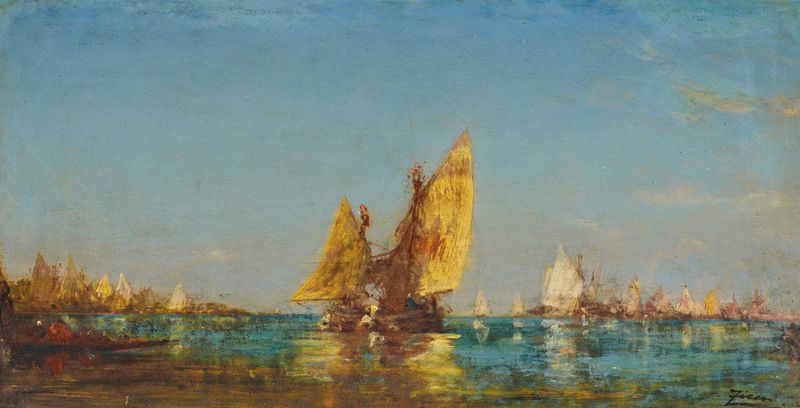 Bateaux de Félix Ziem, óleo sobre tela representando barcos em água calma