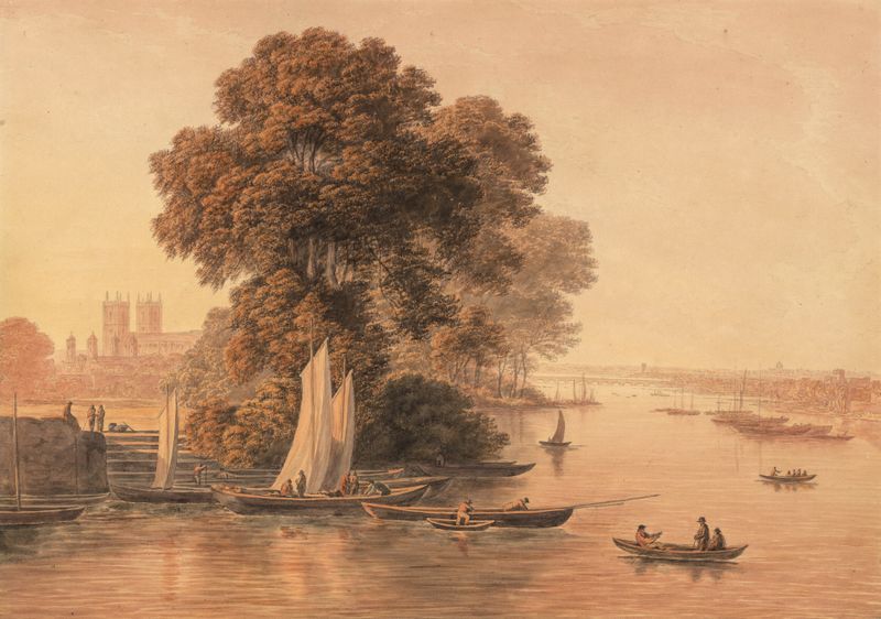 El estanque de Westminster de John Glover, pintura al óleo que muestra aguas tranquilas y árboles frondosos