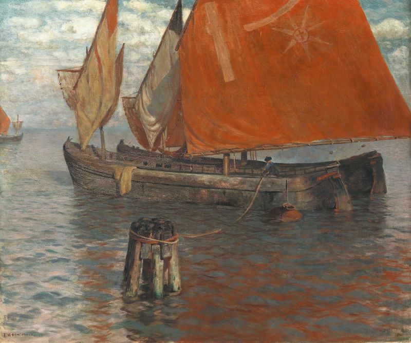 Fischerboote by Franz Xaver Hoch, oil on canvas depicting fishing boats on calm water.