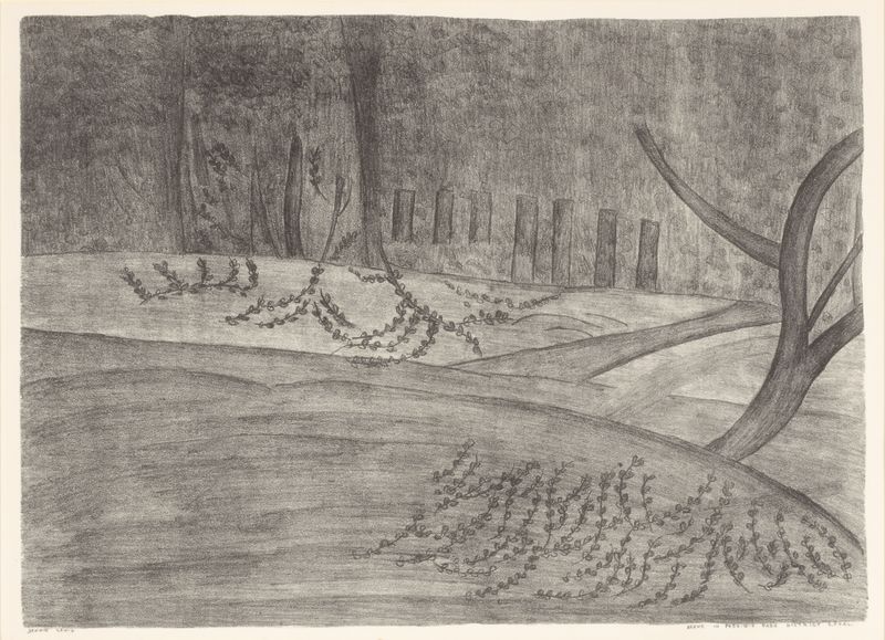 Figurative scene with an enigmatic figure surrounded by trees, by Jennie Lewis
