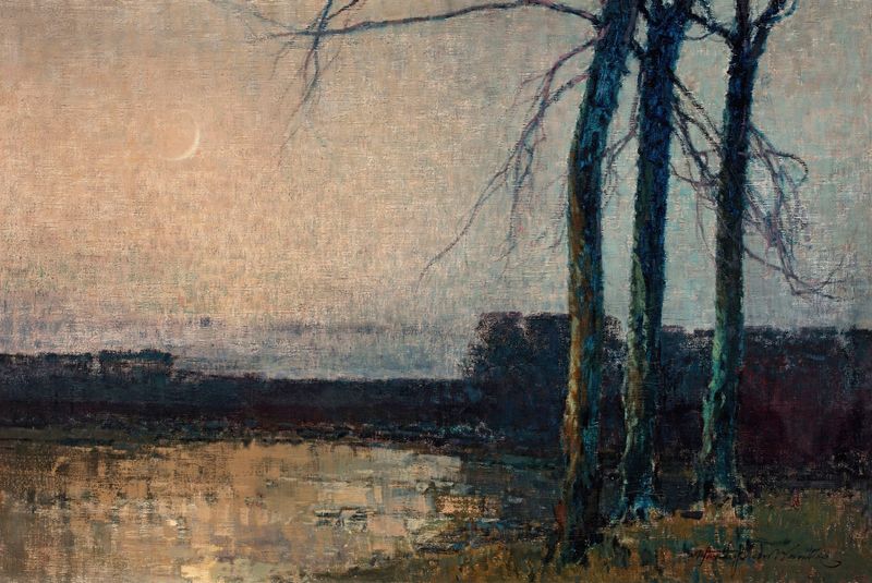 Dusk – Moonrise II by Władysław Wankie, oil painting depicting a serene moonlit landscape.