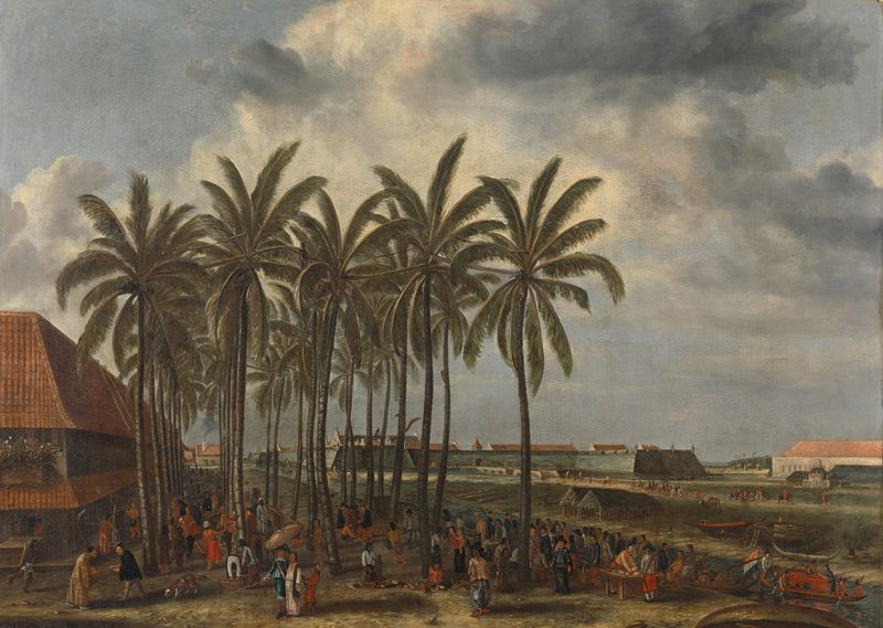 Genre scene depicting diverse ethnic groups in Batavia, oil on canvas by Andries Beeckman
